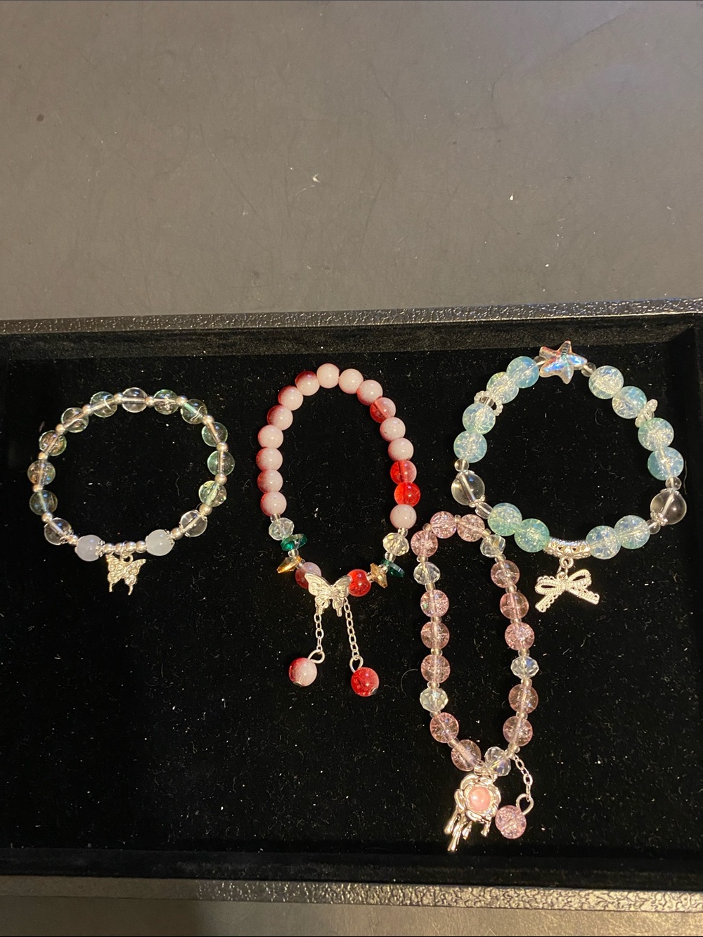 Handmade Multicolor Beaded Charm Bracelet - Pink, Red, Blue, Clear
